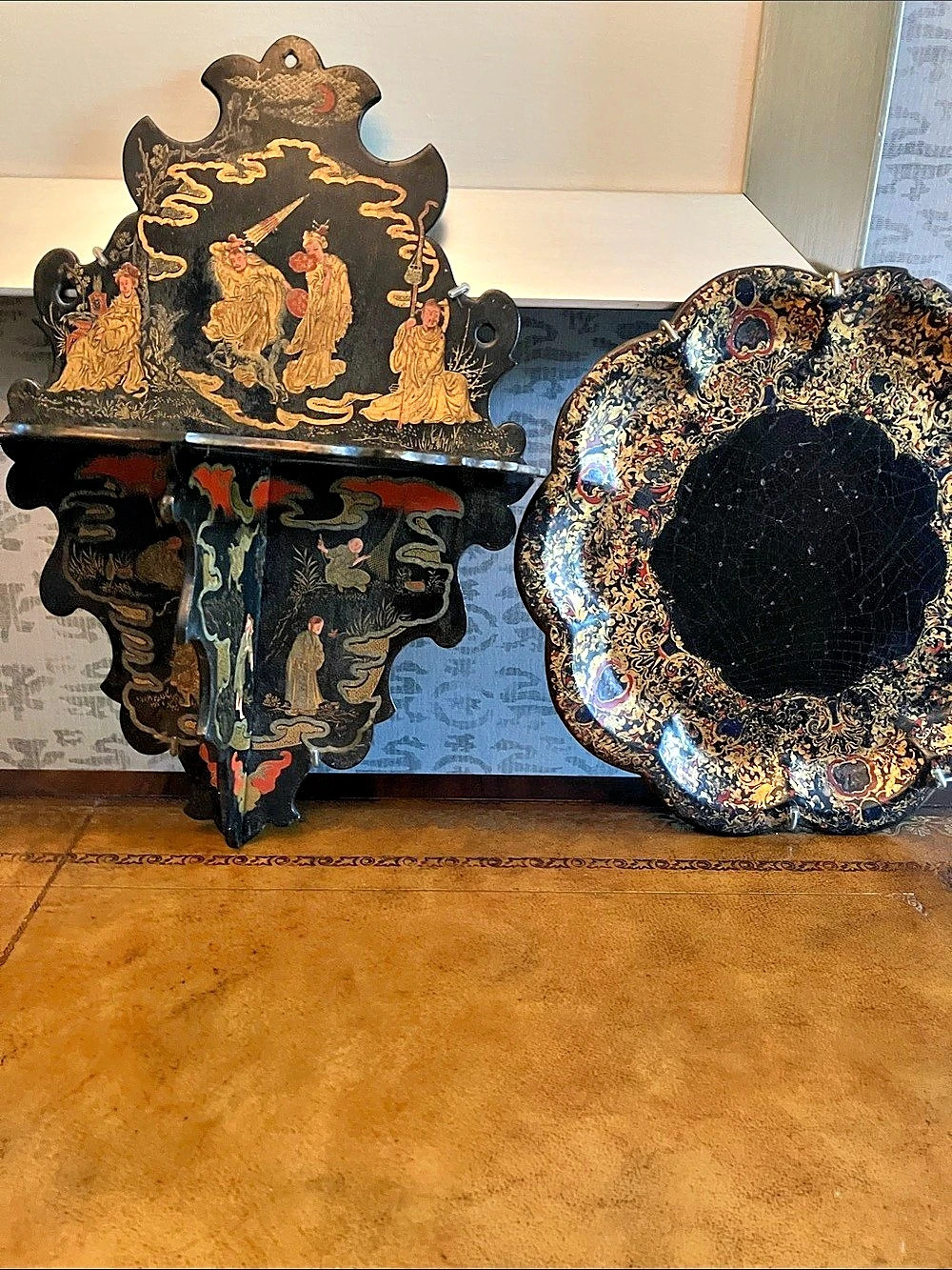 Ornate Antique Asian Black & Gold Wall Decor Set circa 19th century